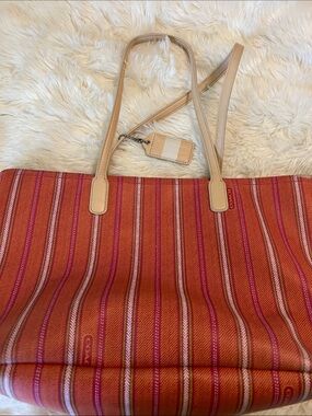 Coach Red and Orange Striped Tote with Beige Leather Handles